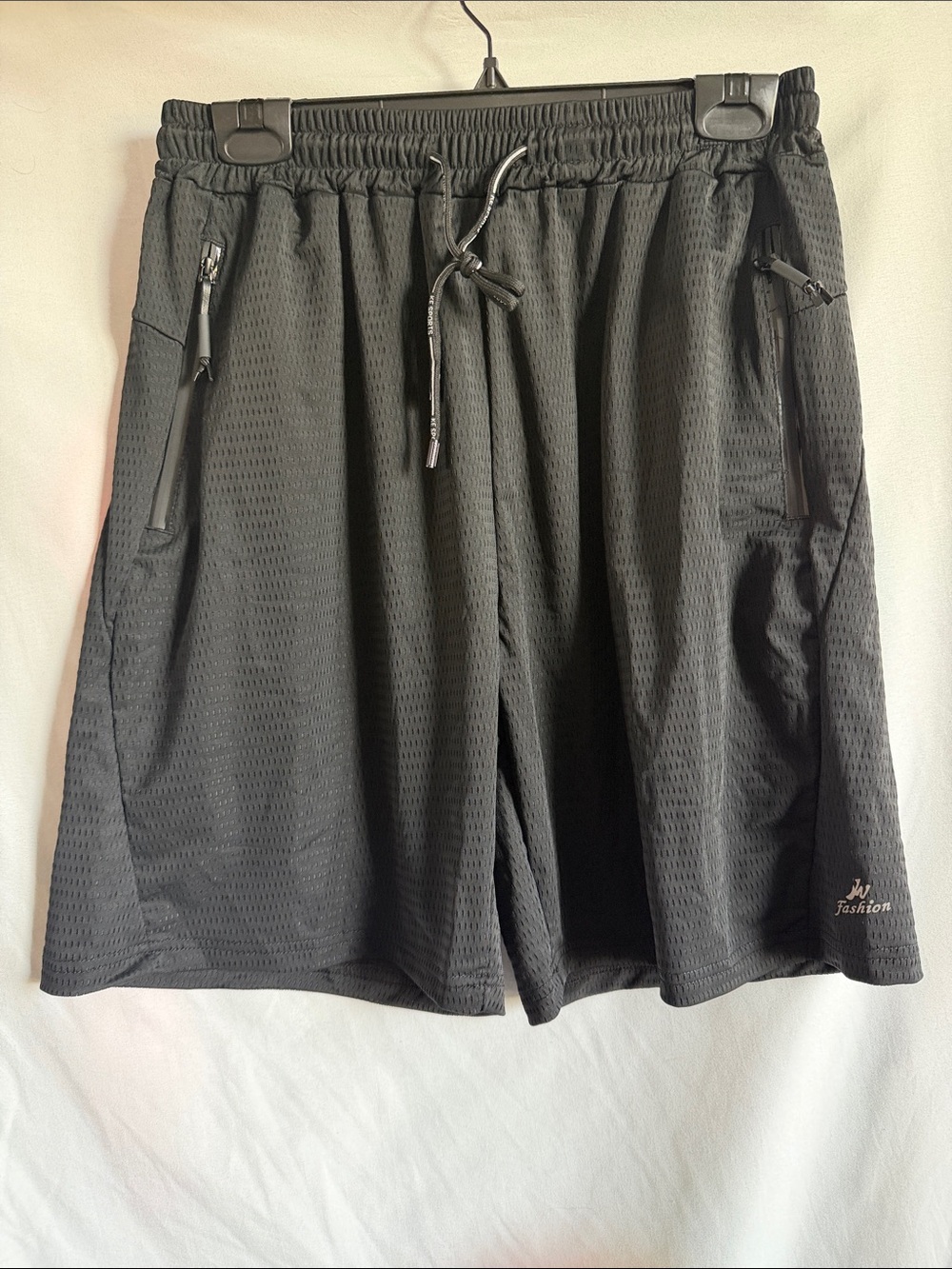 Men's Black Athletic Mesh Shorts with Zippered Pockets and Drawstring